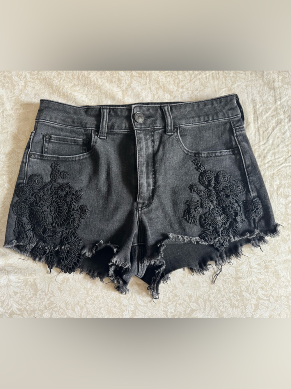 American Eagle Black Distressed Denim Shorts with Lace Appliqué